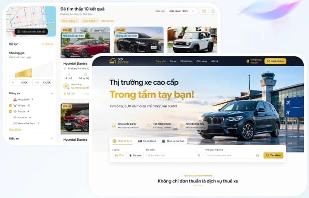 Giao diện nền tảng thuê xe XePrime trên máy tính