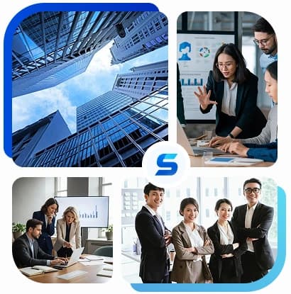 Toà nhà văn phòng và đội ngũ đang làm việc, trao đổi